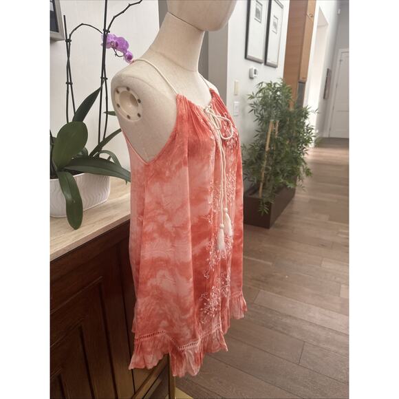 New En Creme Mini Dress Sz Small Tasseled Orange Tie-Dye Embroidered Boho Beach - Picture 2 of 10
